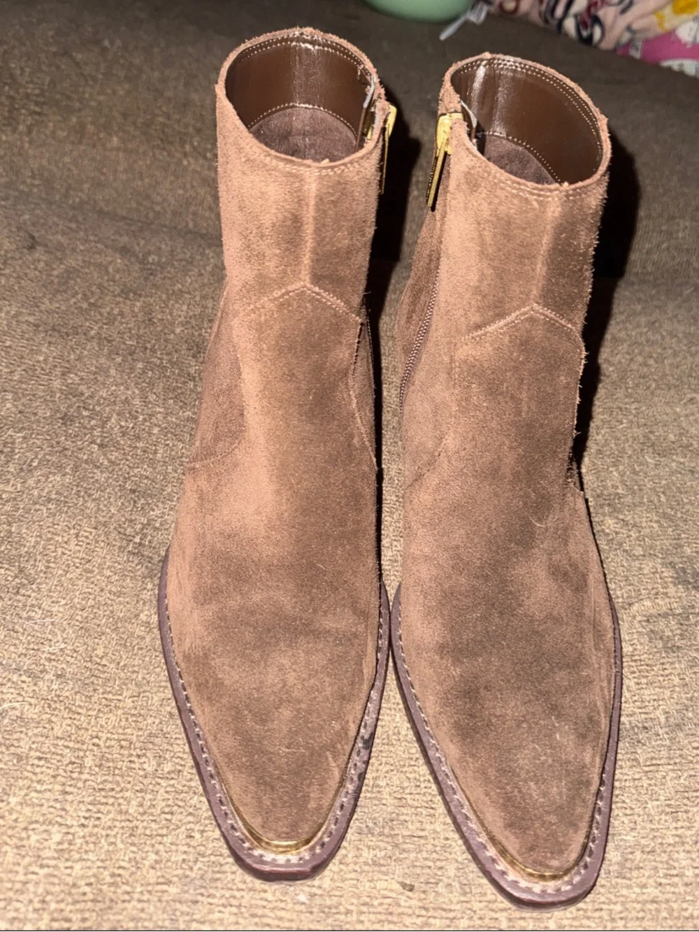Vince Camuto Brown Suede Ankle Boots with Gold Toe Accent